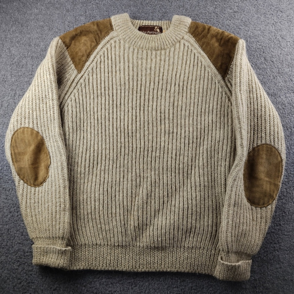 VTG John Partridge Wool Sweater Ribbed Mens Medium Suede Patches England EUC